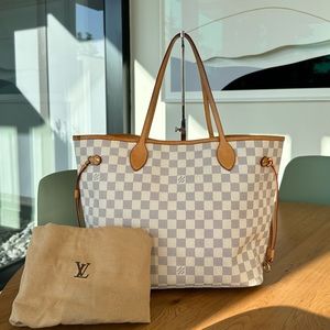LV Neverfull MM Damier Azur Auth Tote Louis Vuitton White Beige Workbag